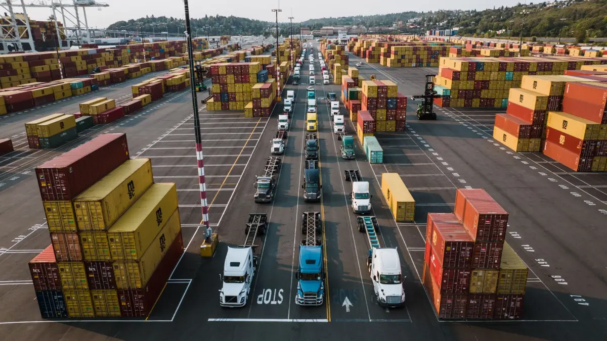 Drayage trucks with empty container chassis lined up between container stacks at a marine terminal in the Port of Seattle